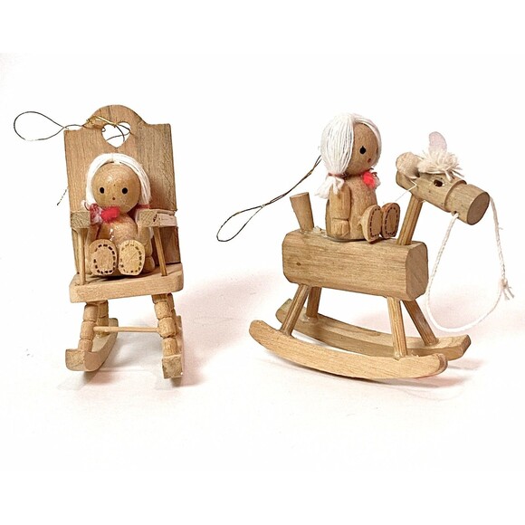 Vintage Wooden Girls at Play Christmas Ornaments Car Rocking Chair See Saw Lot - Picture 1 of 12